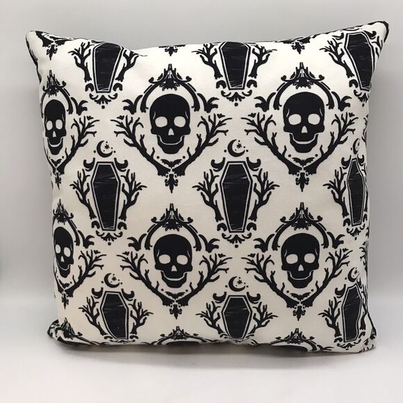 Skeleton Skull & Coffins Whimsigoth Throw Pillow Black White Gothic Decor 15" - Picture 8 of 8